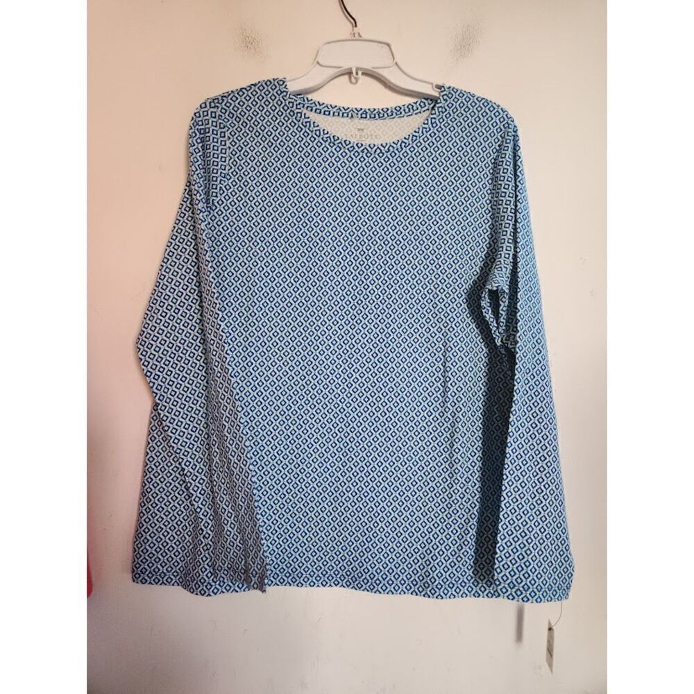 Nwt Talbots Woman Blue & White Geometric Print Cotton Scoop Neck Blouse Size 1x